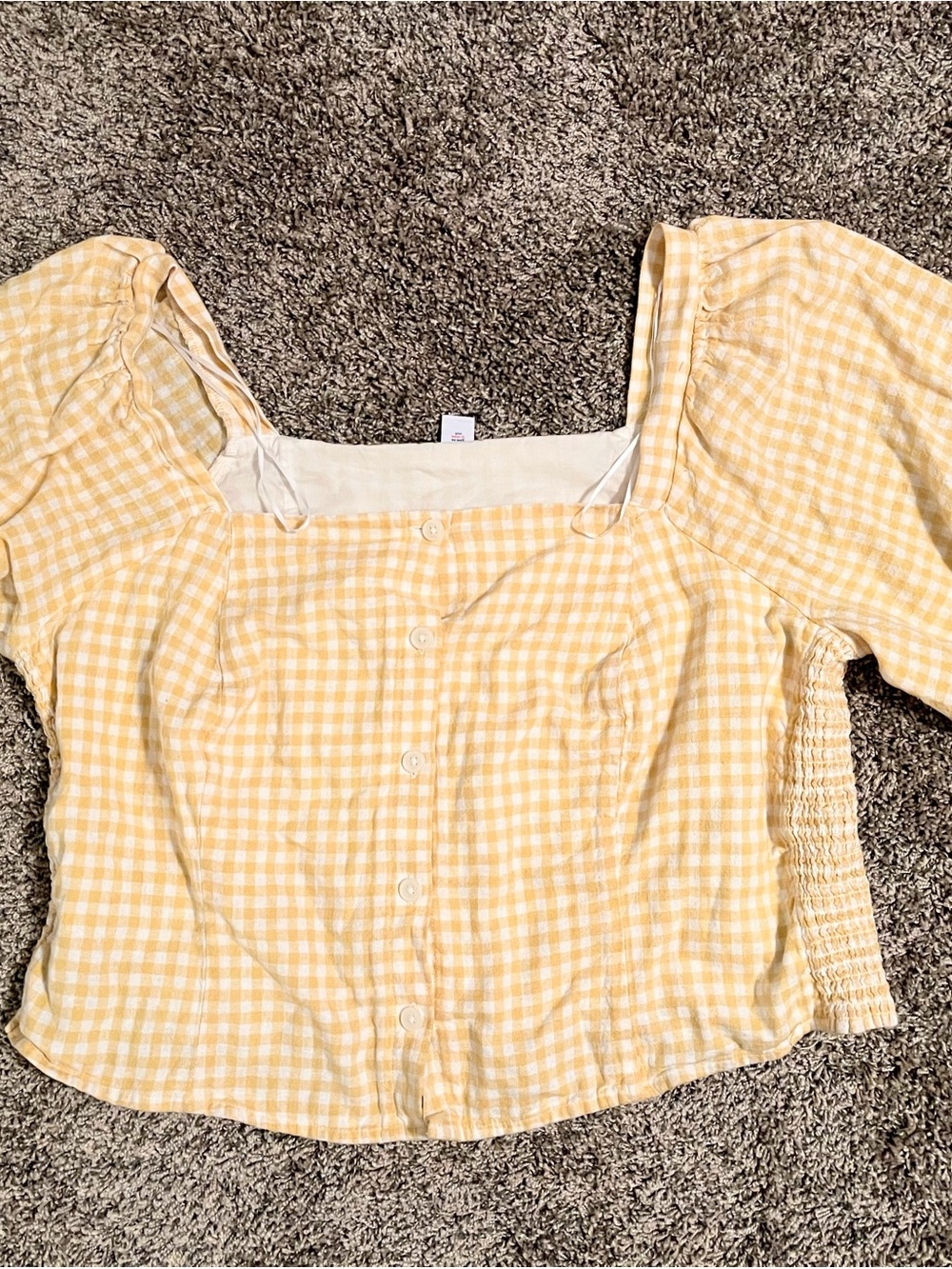 Yellow Gingham Square-Neck Button Front Women's Top